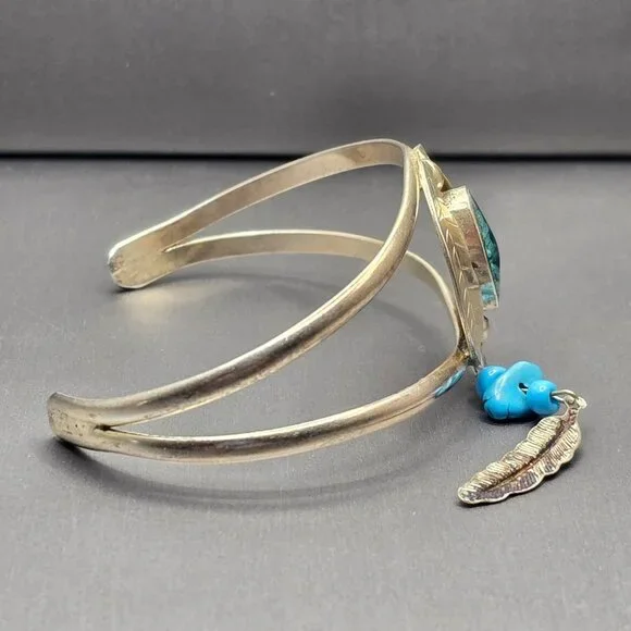 VTG Southwestern Sterling Silver Bracelet 6.75" Crushed Turquoise Feather Charm - Picture 4 of 15